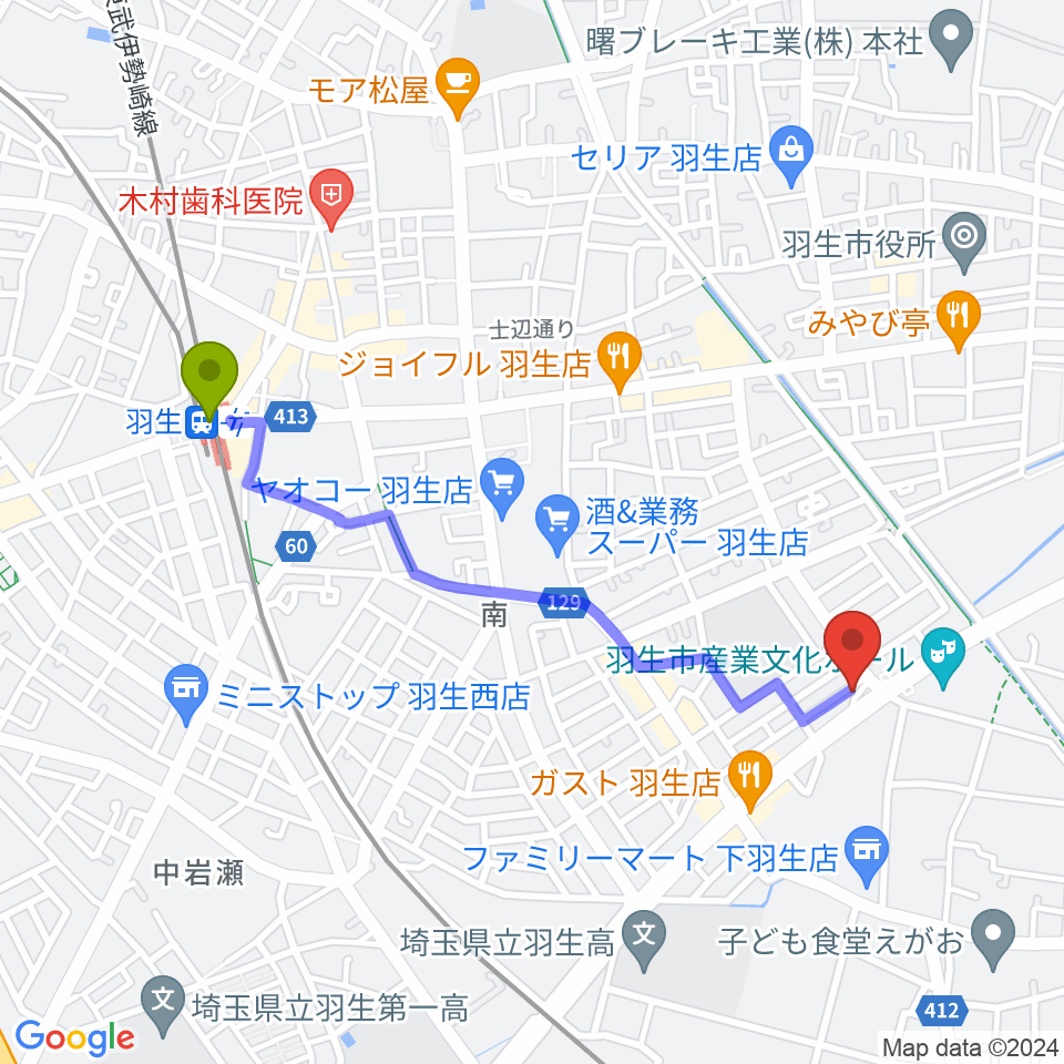 オトワ楽器 ハミングパーク羽生の最寄駅羽生駅からの徒歩ルート（約20分）地図