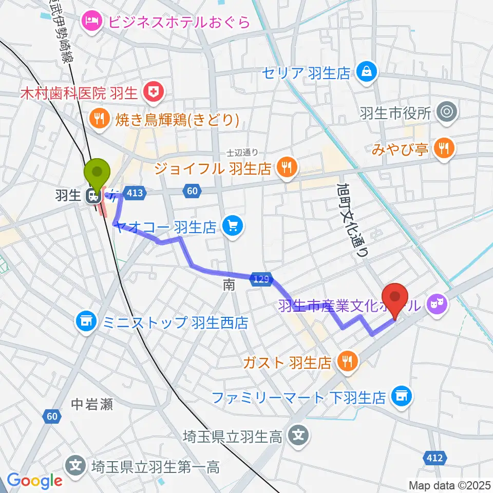 オトワ楽器 ハミングパーク羽生の最寄駅羽生駅からの徒歩ルート（約20分）地図