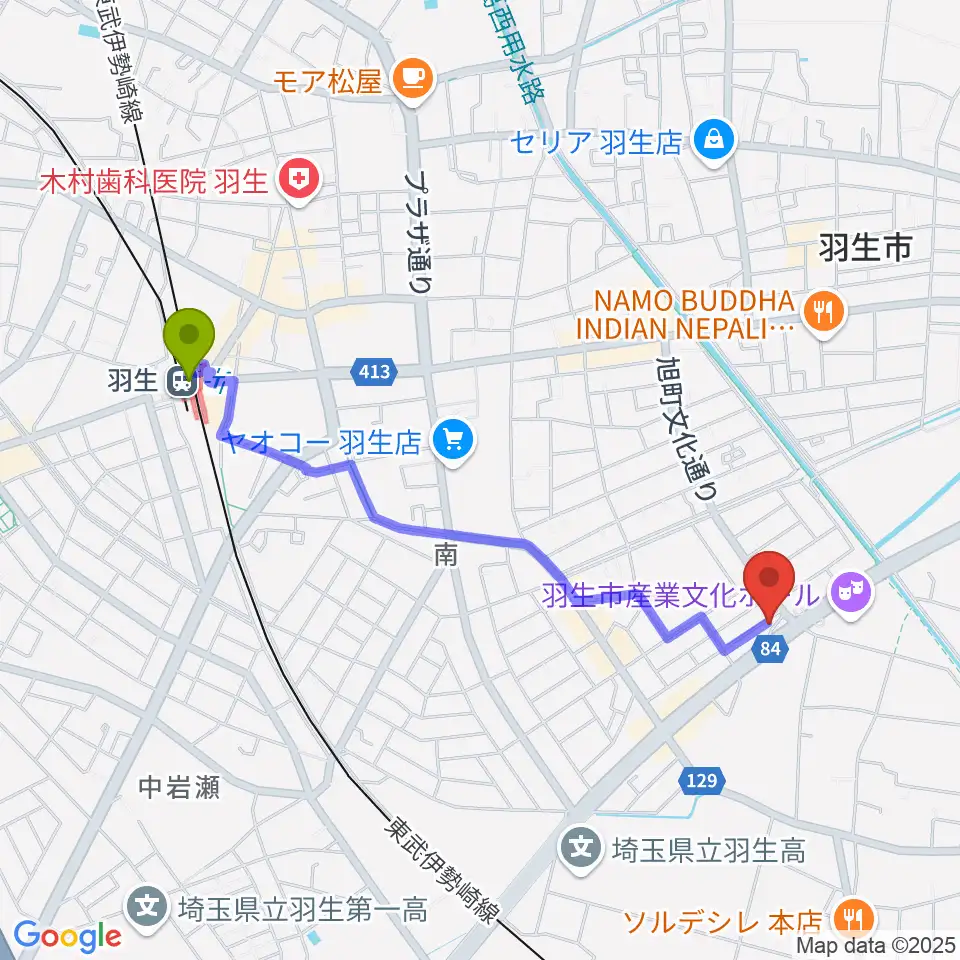 オトワ楽器 ハミングパーク羽生の最寄駅羽生駅からの徒歩ルート（約20分）地図