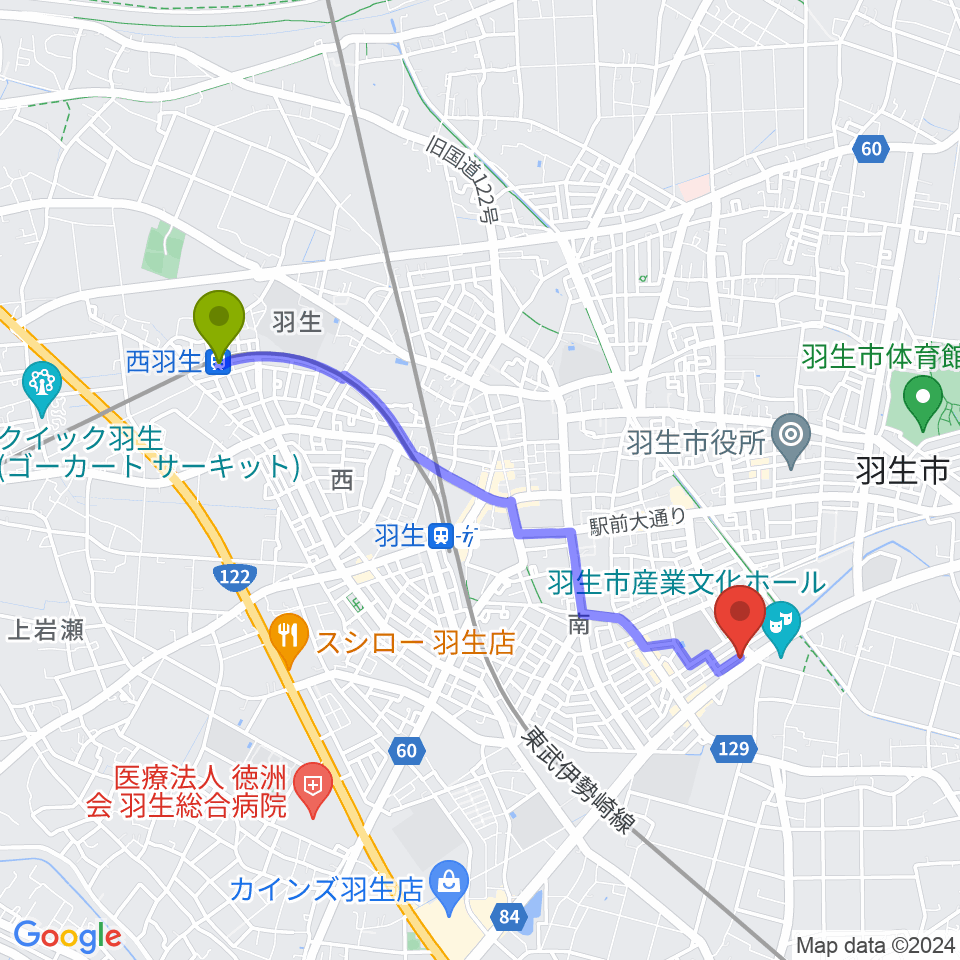 西羽生駅からオトワ楽器 ハミングパーク羽生へのルートマップ地図
