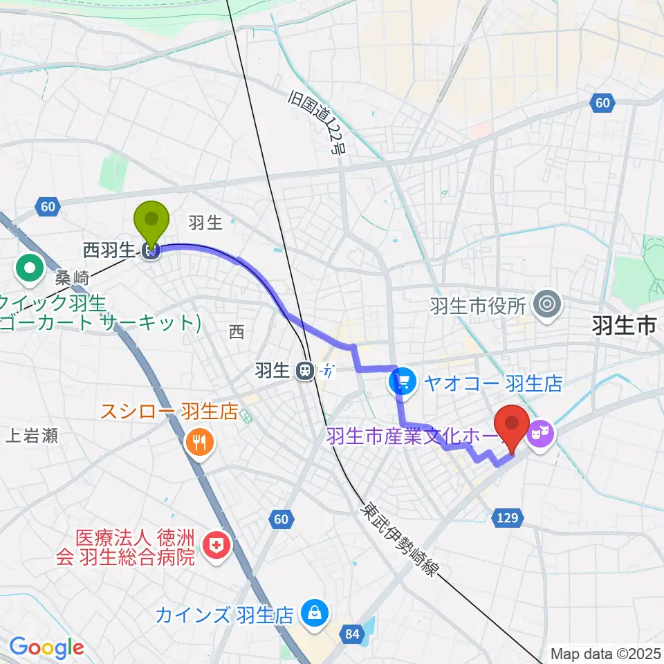 西羽生駅からオトワ楽器 ハミングパーク羽生へのルートマップ地図