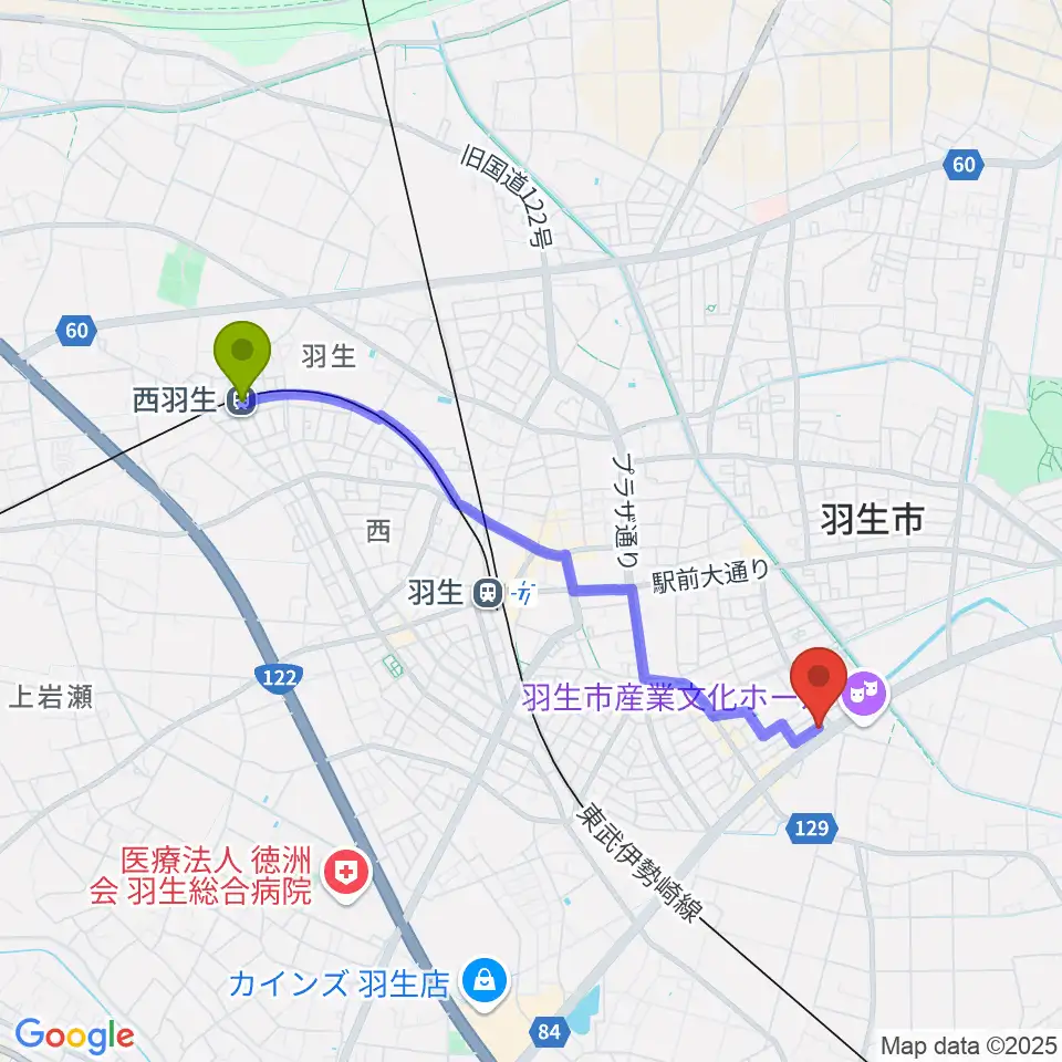 西羽生駅からオトワ楽器 ハミングパーク羽生へのルートマップ地図