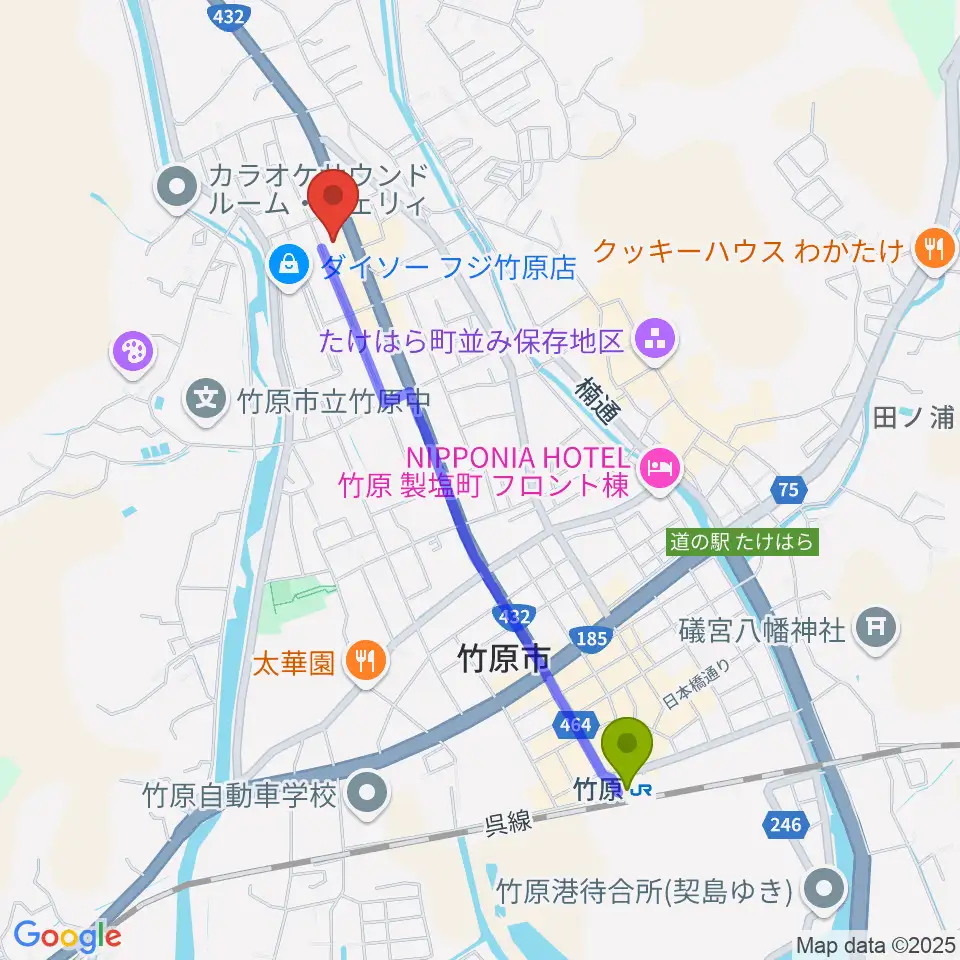 キハラ楽器 竹原センターの最寄駅竹原駅からの徒歩ルート（約20分）地図