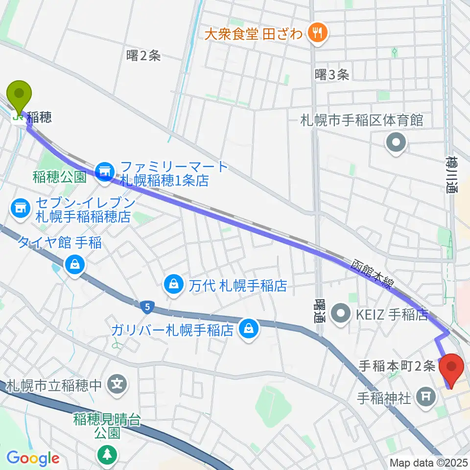 稲穂駅からエルム楽器 手稲センターへのルートマップ地図