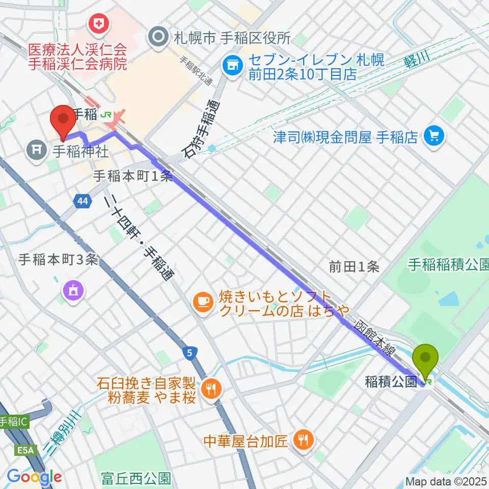 稲積公園駅からエルム楽器 手稲センターへのルートマップ地図