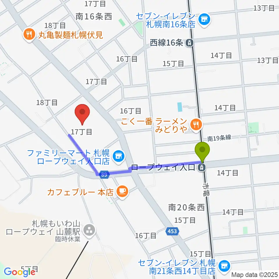 エルム楽器 伏見センターの最寄駅ロープウェイ入口駅からの徒歩ルート（約6分）地図