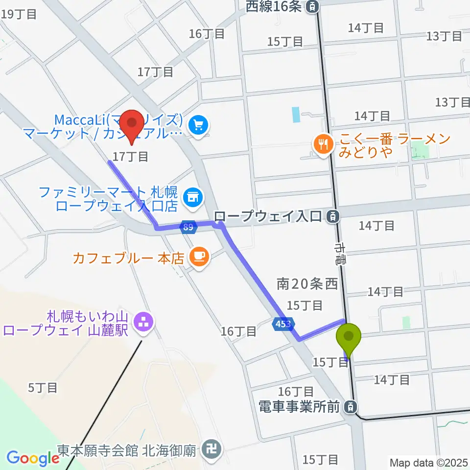 電車事業所前駅からエルム楽器 伏見センターへのルートマップ地図