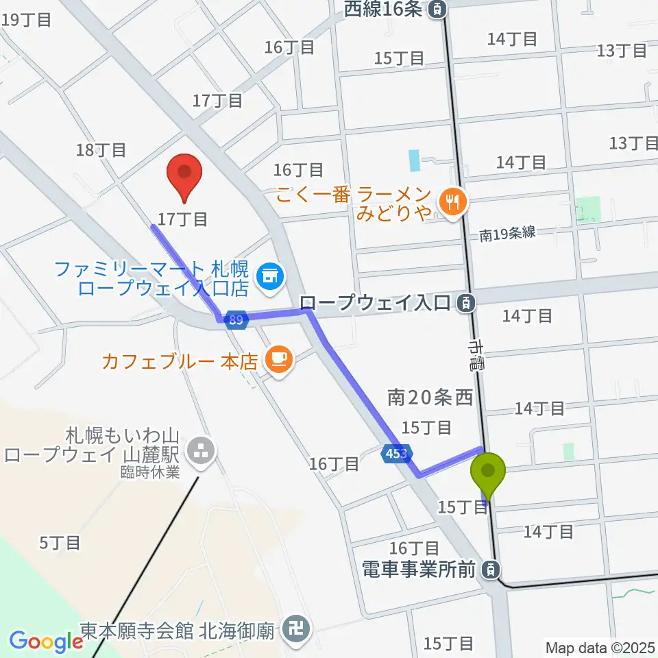 電車事業所前駅からエルム楽器 伏見センターへのルートマップ地図