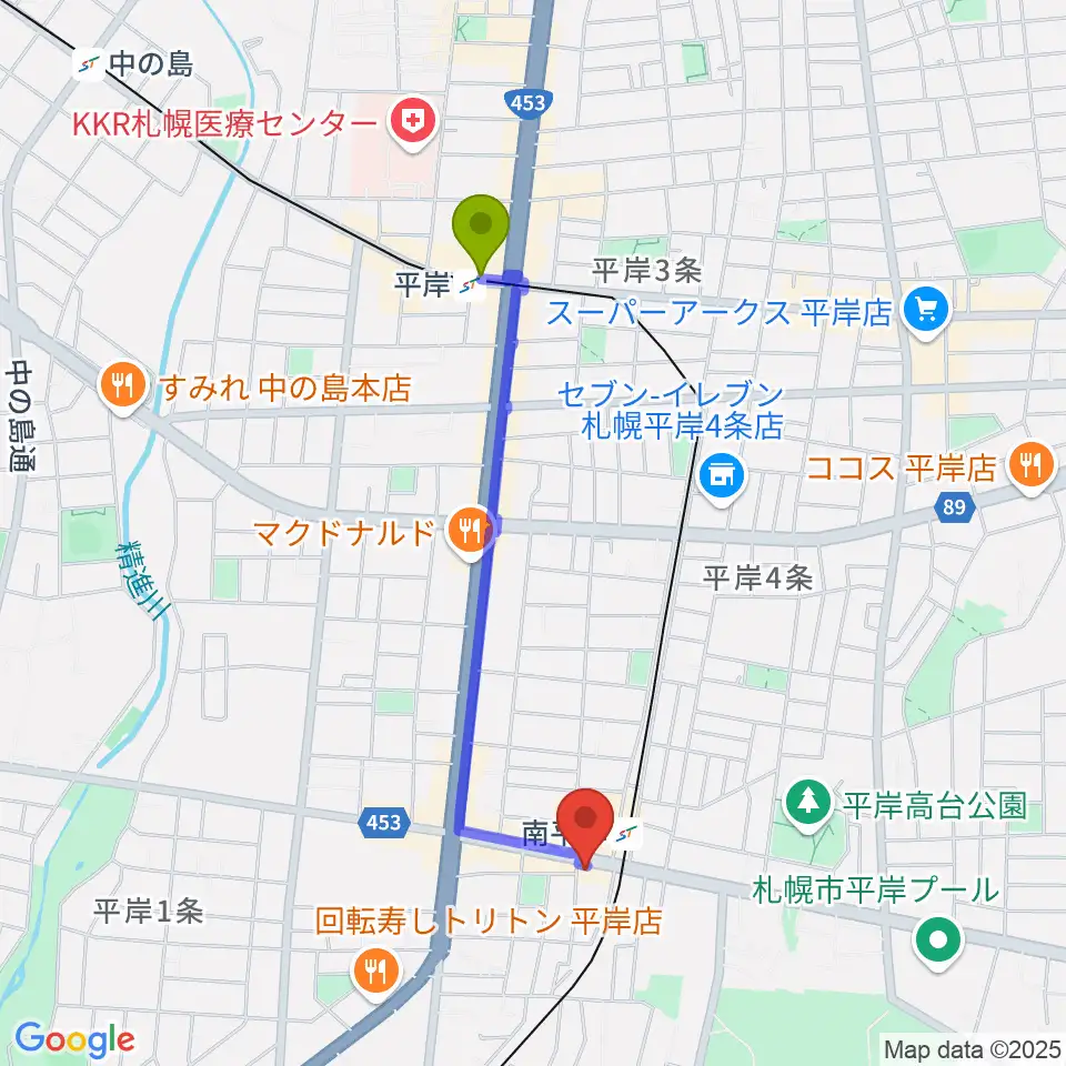 平岸駅からエルム楽器 南平岸センターへのルートマップ地図