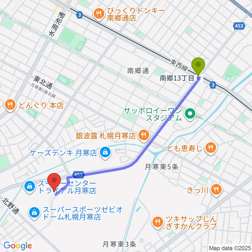 南郷１３丁目駅からエルム楽器 ブランチ札幌月寒センターへのルートマップ地図