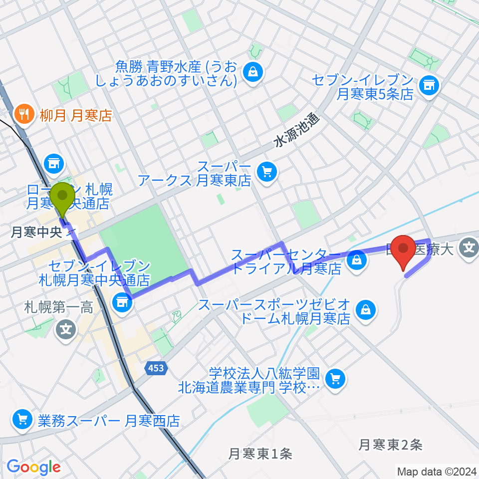 月寒中央駅からエルム楽器 ブランチ札幌月寒センターへのルートマップ地図