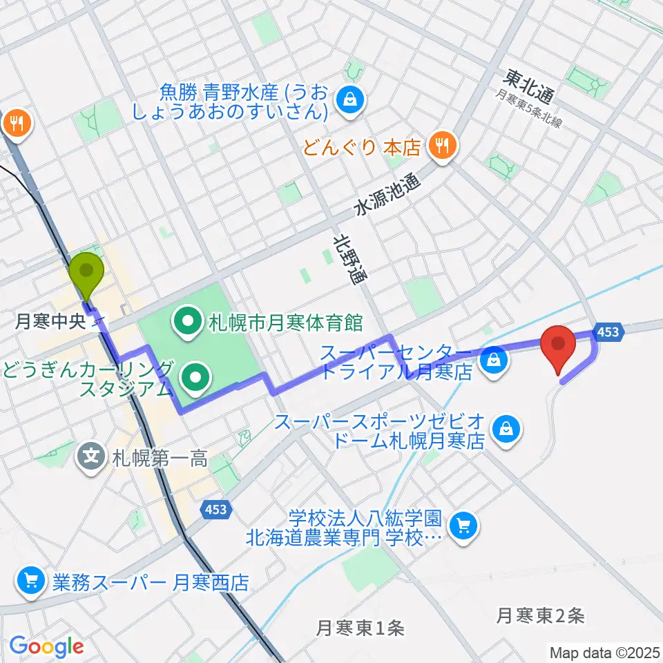 月寒中央駅からエルム楽器 ブランチ札幌月寒センターへのルートマップ地図