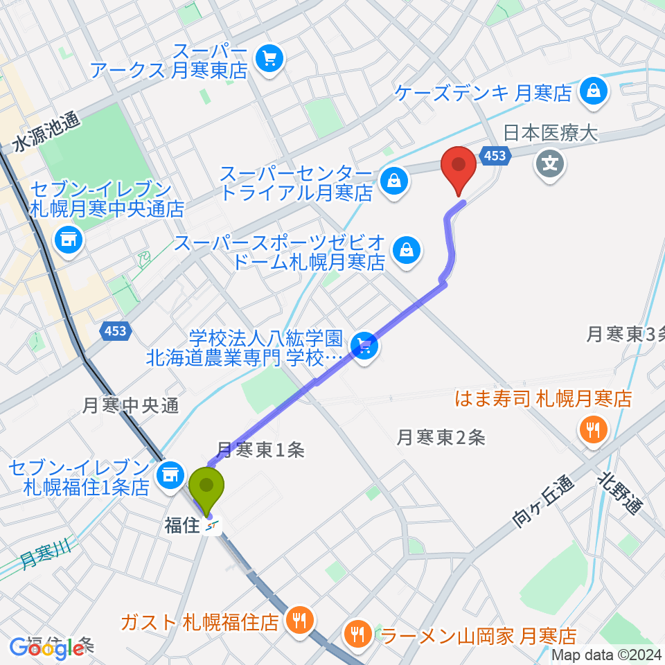 エルム楽器 ブランチ札幌月寒センターの最寄駅福住駅からの徒歩ルート（約17分）地図