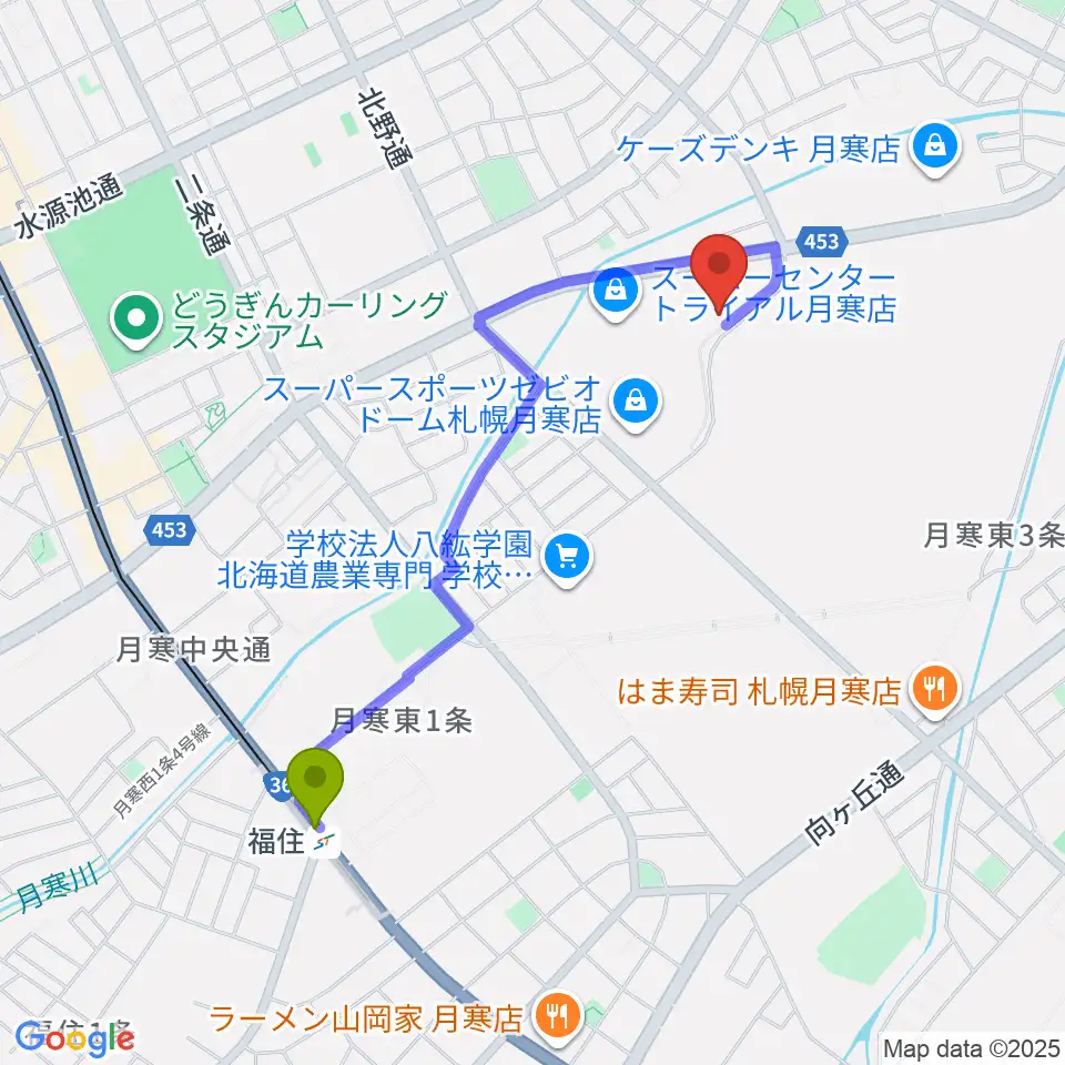 エルム楽器 ブランチ札幌月寒センターの最寄駅福住駅からの徒歩ルート（約17分）地図