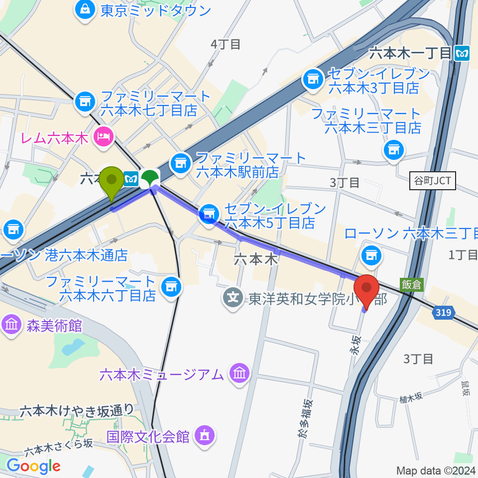 六本木CLUB EDGEの最寄駅六本木駅からの徒歩ルート（約9分）地図