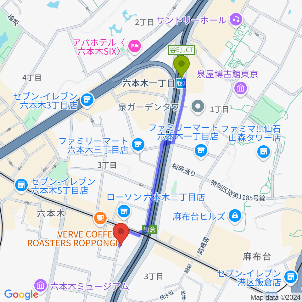 六本木一丁目駅から六本木CLUB EDGEへのルートマップ地図