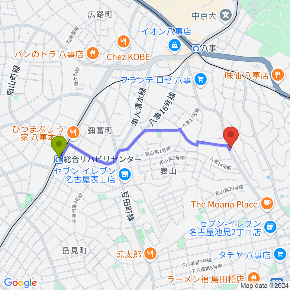 総合リハビリセンター駅から音楽教室あんだんて 八事教室へのルートマップ地図