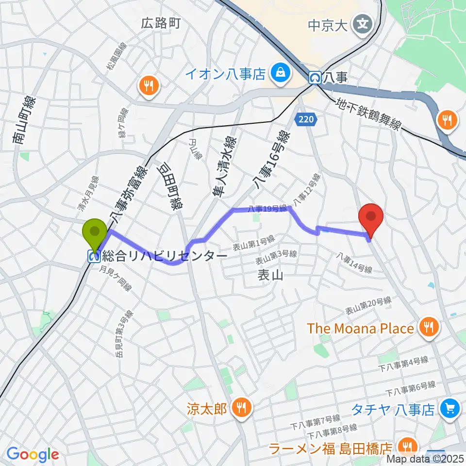 総合リハビリセンター駅から音楽教室あんだんて 八事教室へのルートマップ地図