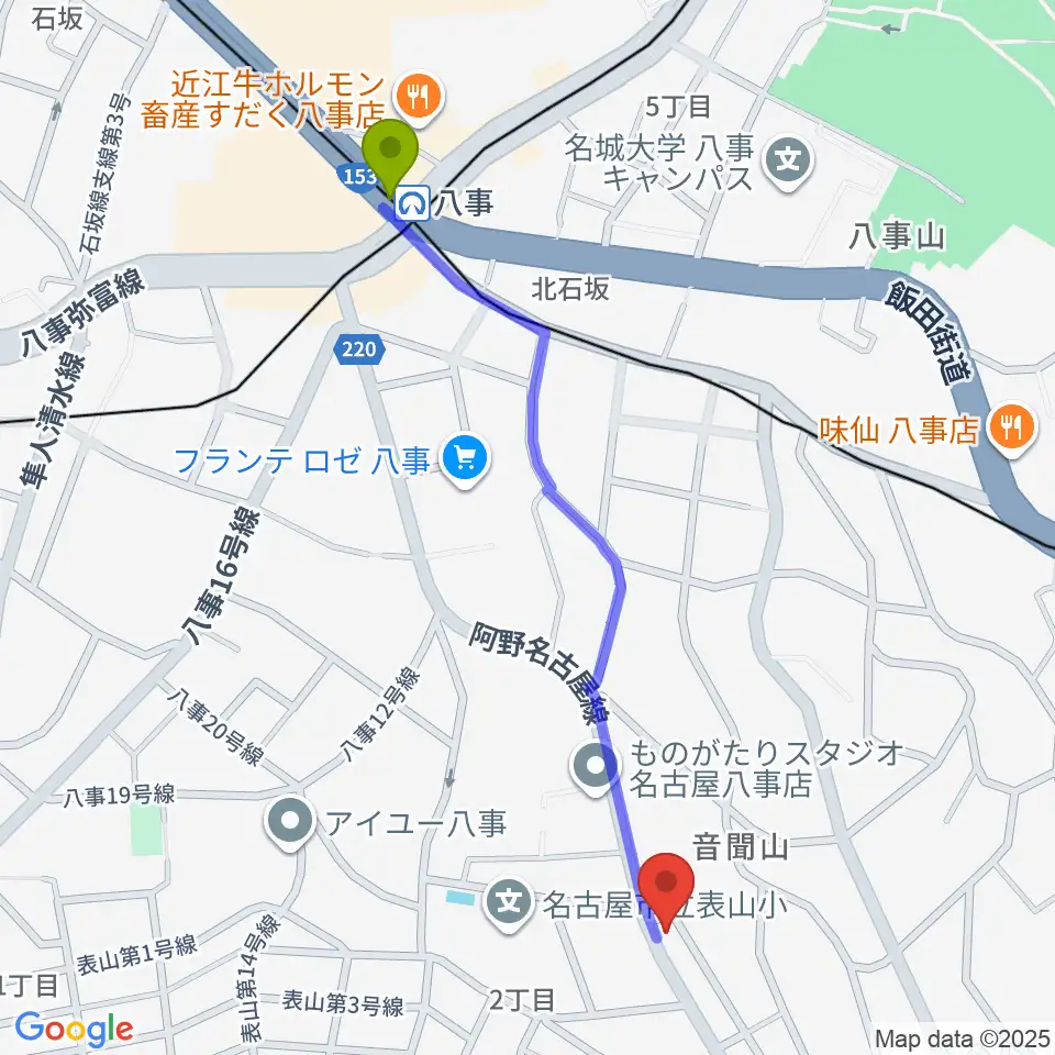 音楽教室あんだんて 八事教室の最寄駅八事駅からの徒歩ルート（約12分）地図