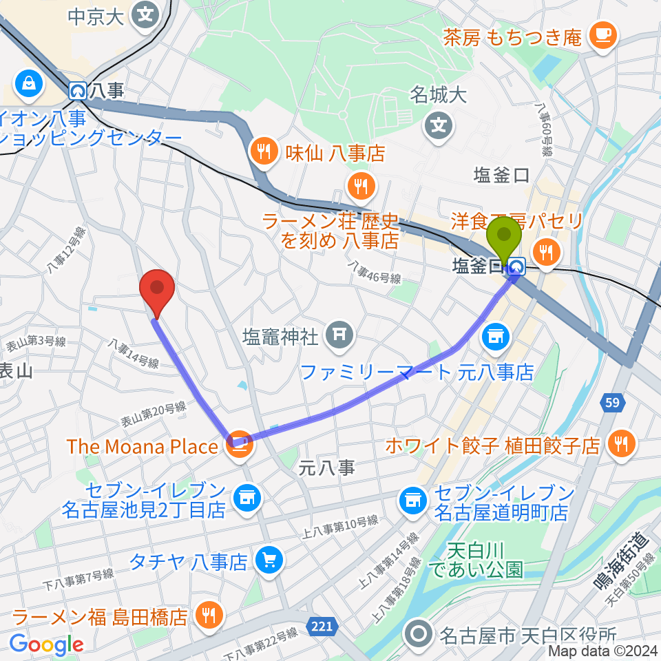 塩釜口駅から音楽教室あんだんて 八事教室へのルートマップ地図