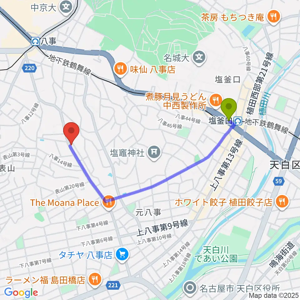 塩釜口駅から音楽教室あんだんて 八事教室へのルートマップ地図