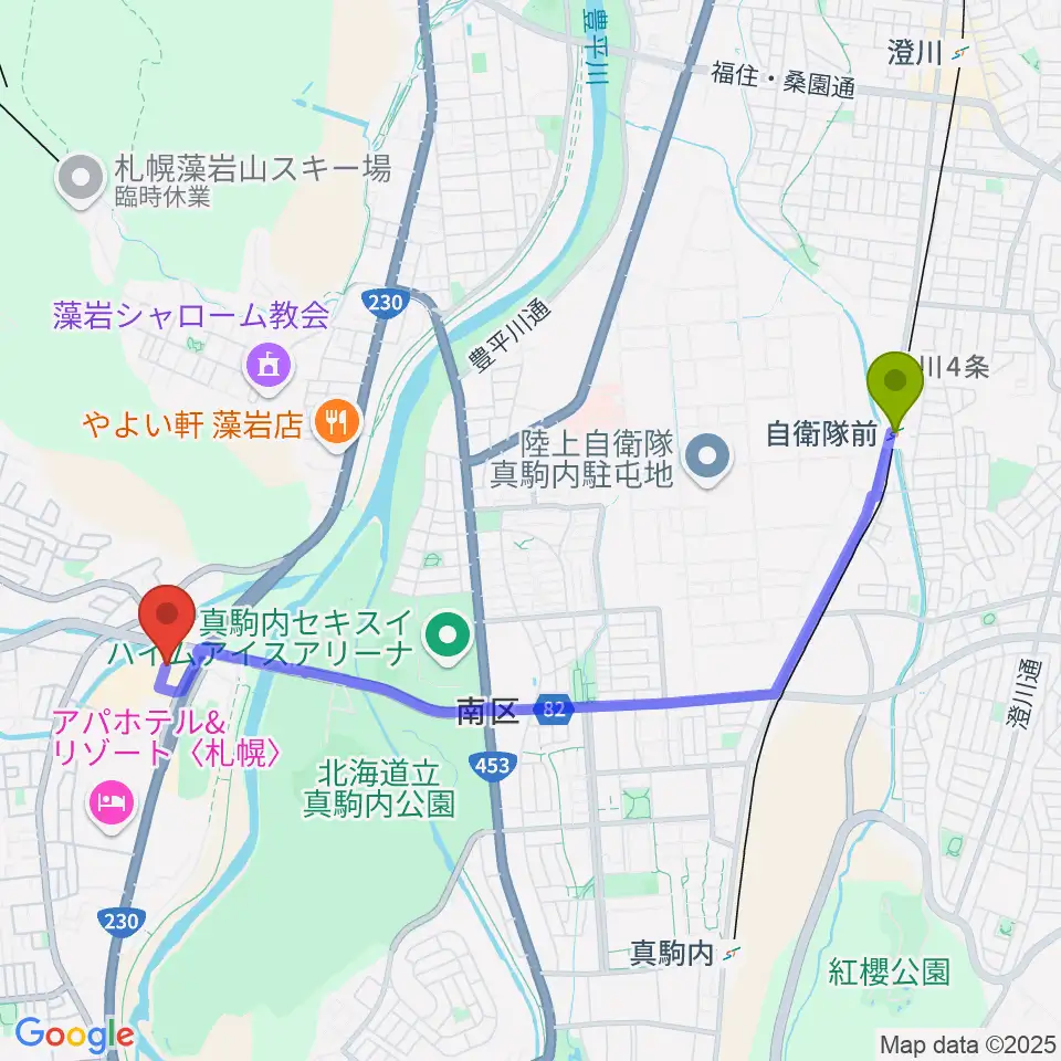 自衛隊前駅からエルム楽器 イオン札幌藻岩センターへのルートマップ地図