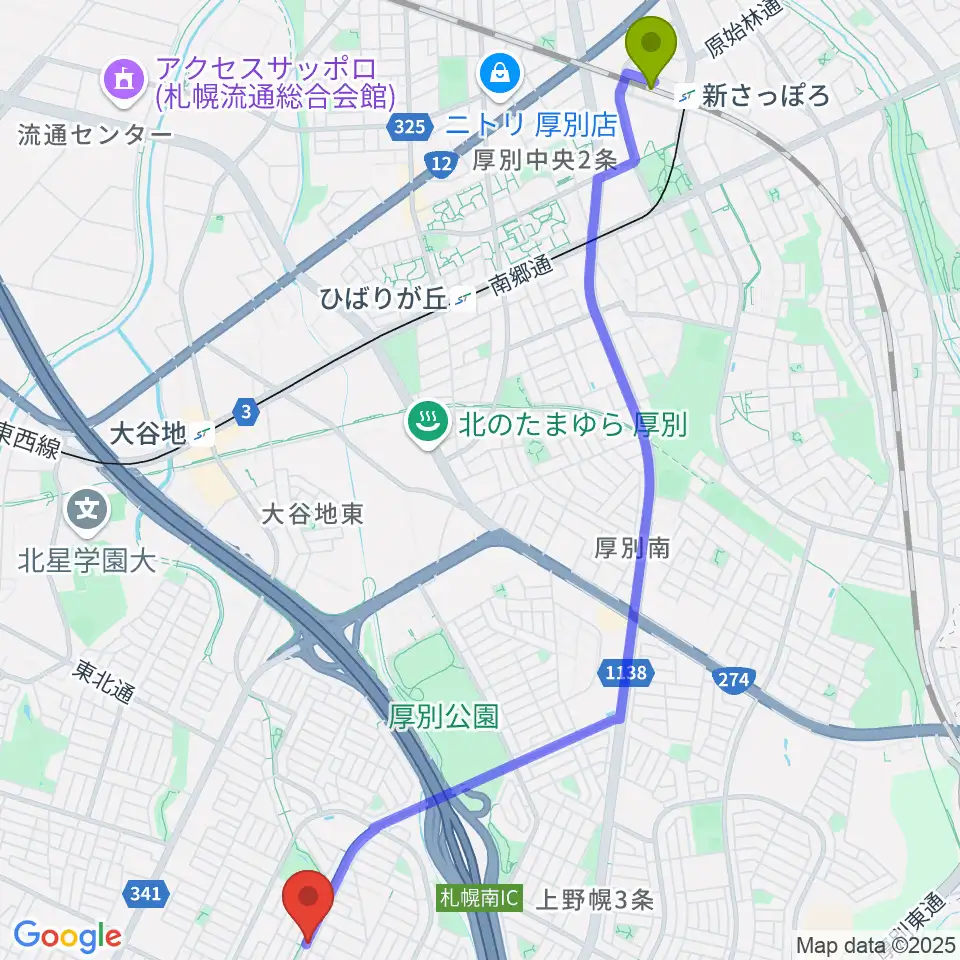 新札幌駅からエルム楽器 平岡センターへのルートマップ地図