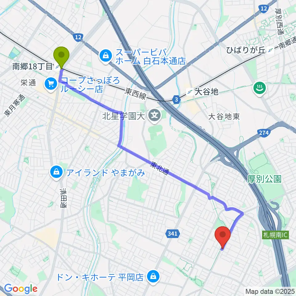 南郷１８丁目駅からエルム楽器 平岡センターへのルートマップ地図