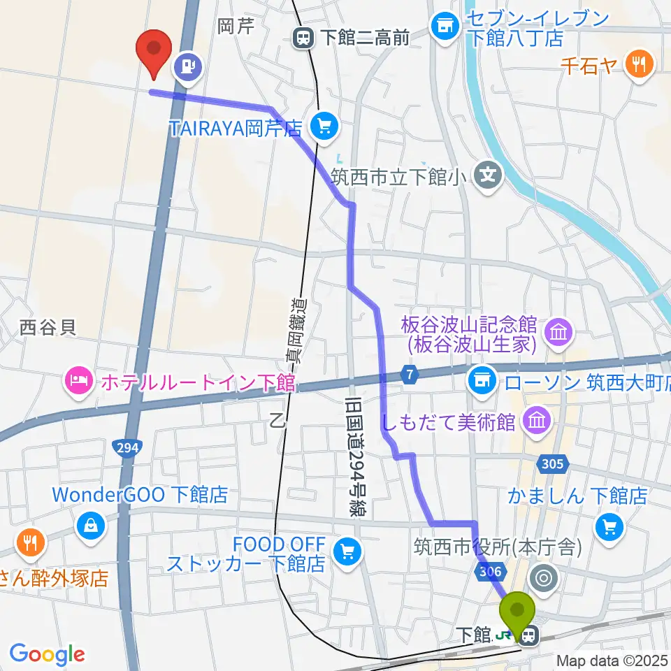 下館駅からマルシン楽器 音楽教室へのルートマップ地図