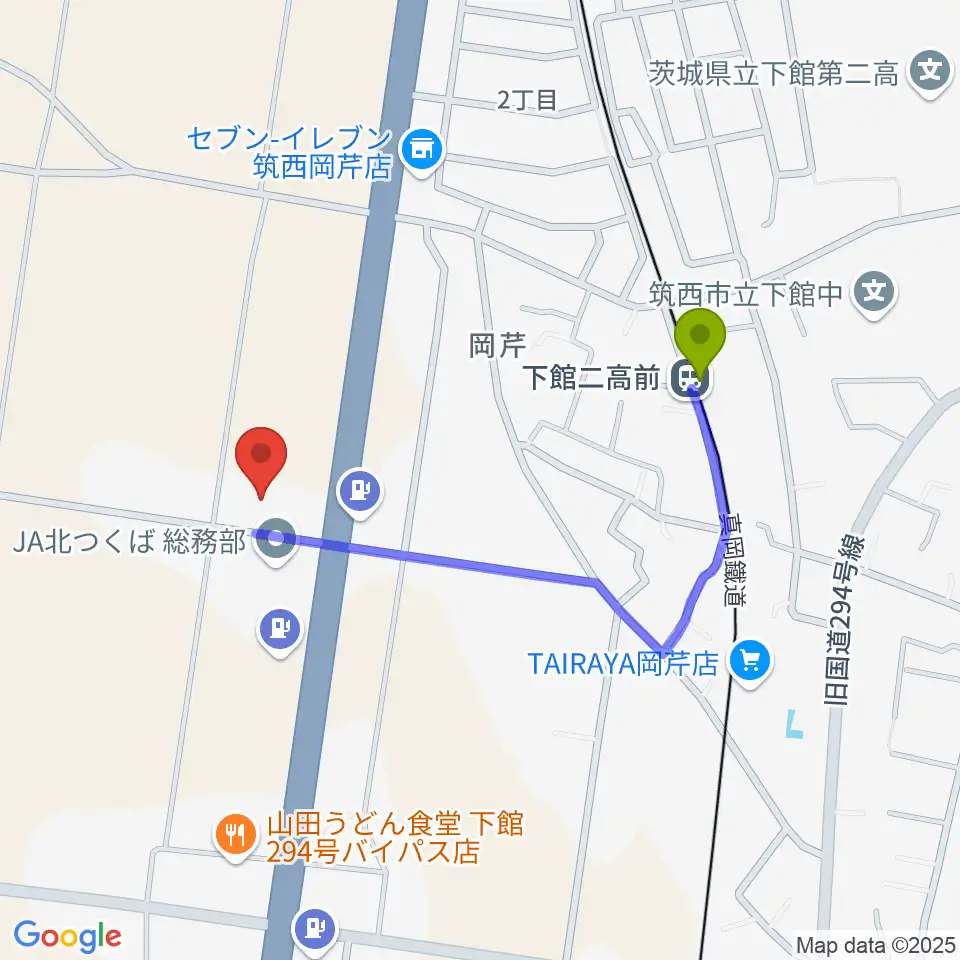 マルシン楽器 音楽教室の最寄駅下館二高前駅からの徒歩ルート（約7分）地図