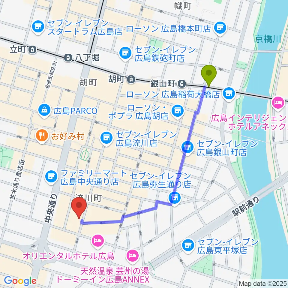 銀山町駅から広島AGITへのルートマップ地図