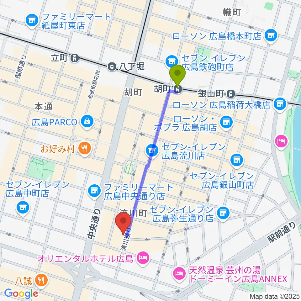 広島AGITの最寄駅胡町駅からの徒歩ルート（約8分）地図