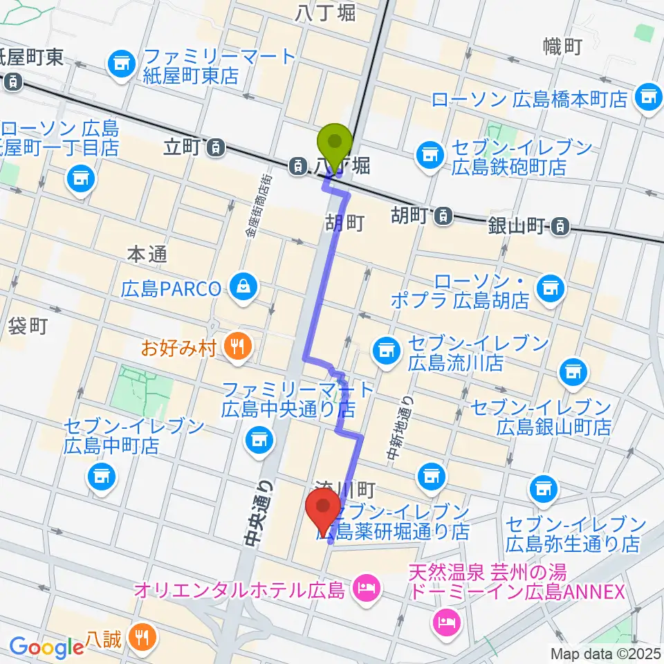 八丁堀駅から広島AGITへのルートマップ地図