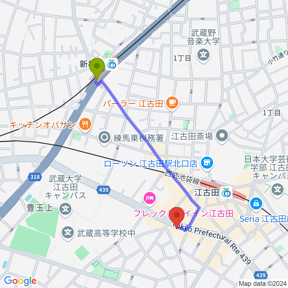 新桜台駅から江古田マーキーへのルートマップ地図