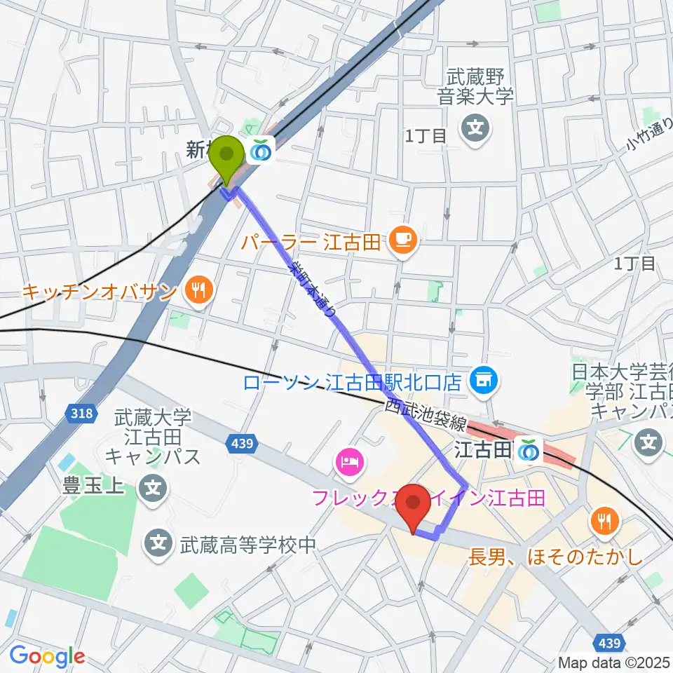 新桜台駅から江古田マーキーへのルートマップ地図