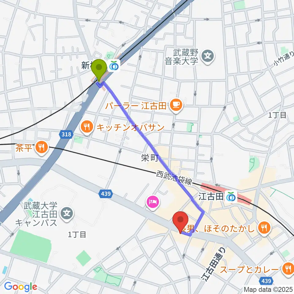 新桜台駅から江古田マーキーへのルートマップ地図