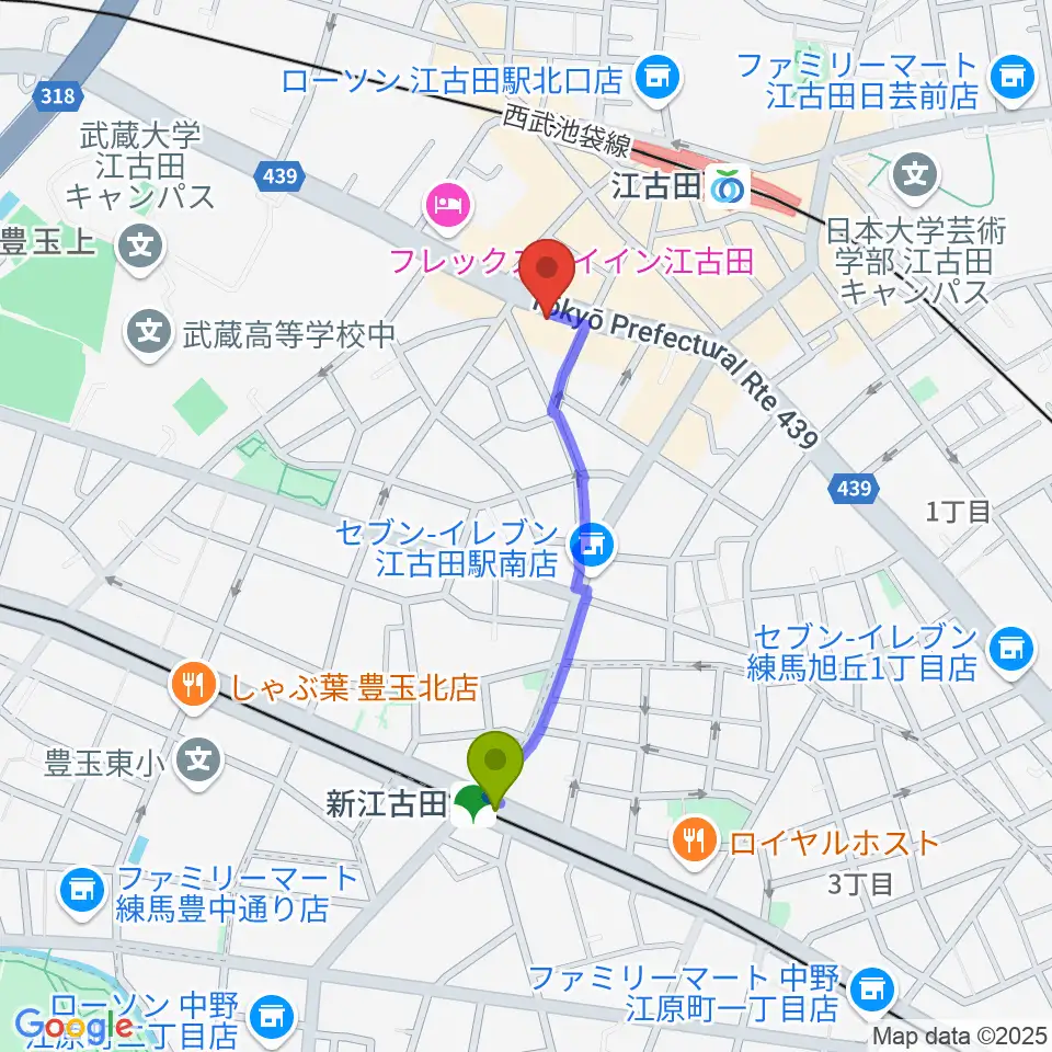 新江古田駅から江古田マーキーへのルートマップ地図