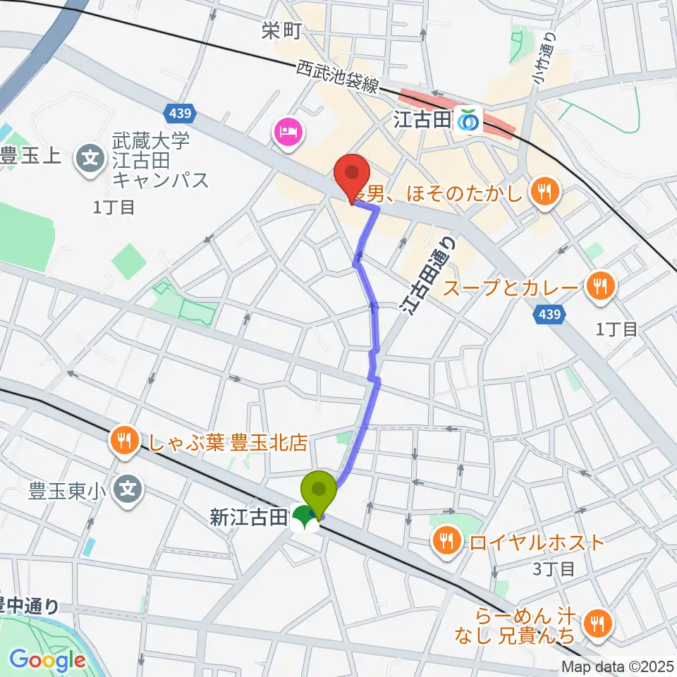 新江古田駅から江古田マーキーへのルートマップ地図