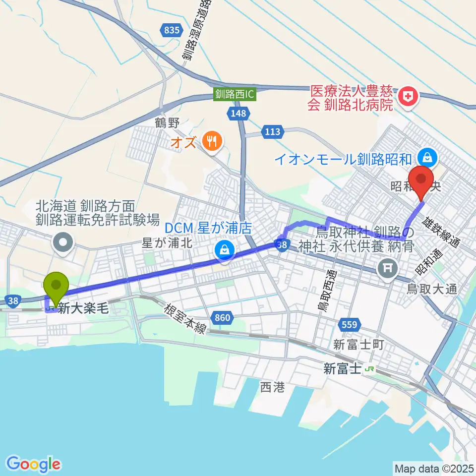 新大楽毛駅からエルム楽器 昭和センターへのルートマップ地図