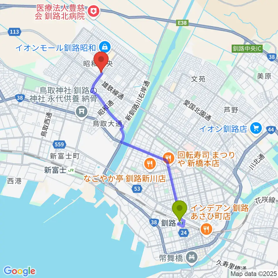 釧路駅からエルム楽器 昭和センターへのルートマップ地図