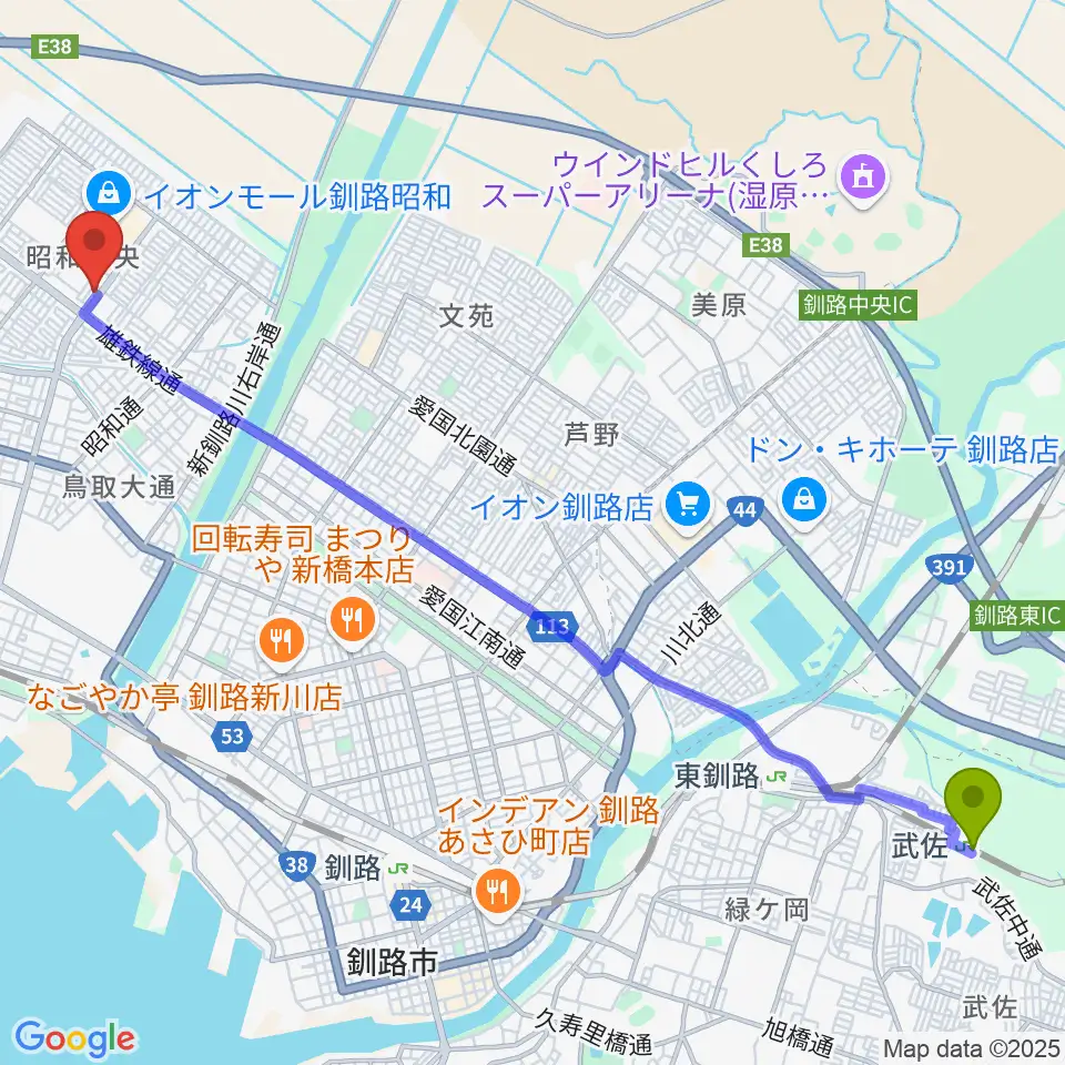 武佐駅からエルム楽器 昭和センターへのルートマップ地図