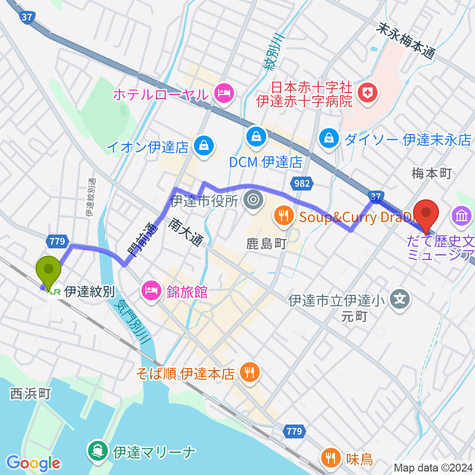 エルム楽器 伊達ミュージックセンターの最寄駅伊達紋別駅からの徒歩ルート（約23分）地図