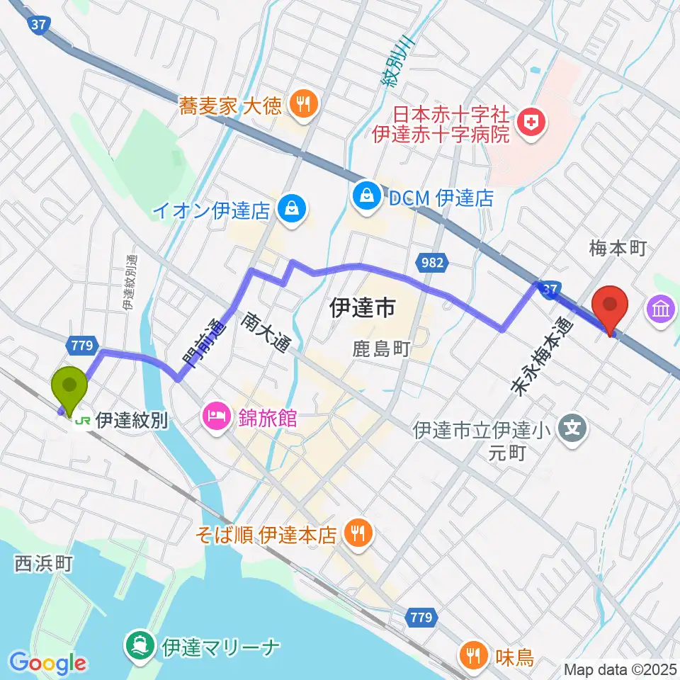 エルム楽器 伊達ミュージックセンターの最寄駅伊達紋別駅からの徒歩ルート（約23分）地図