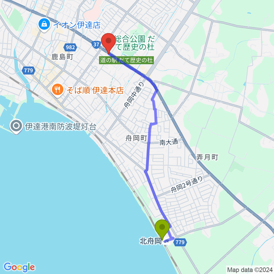 北舟岡駅からエルム楽器 伊達ミュージックセンターへのルートマップ地図