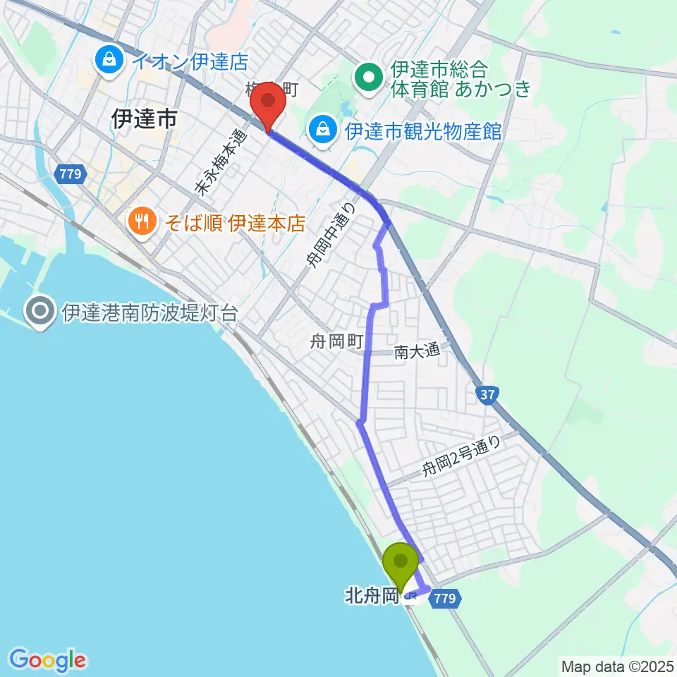 北舟岡駅からエルム楽器 伊達ミュージックセンターへのルートマップ地図