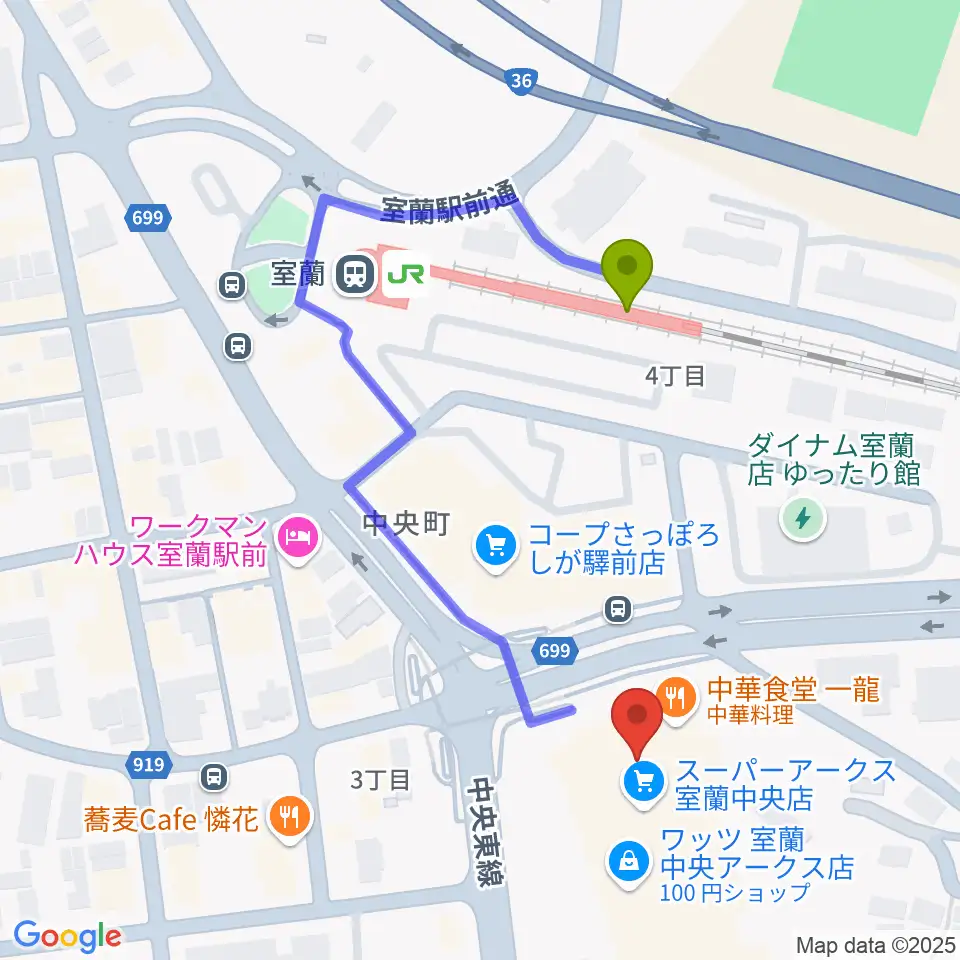エルム楽器 スーパーアークス室蘭中央センターの最寄駅室蘭駅からの徒歩ルート（約3分）地図