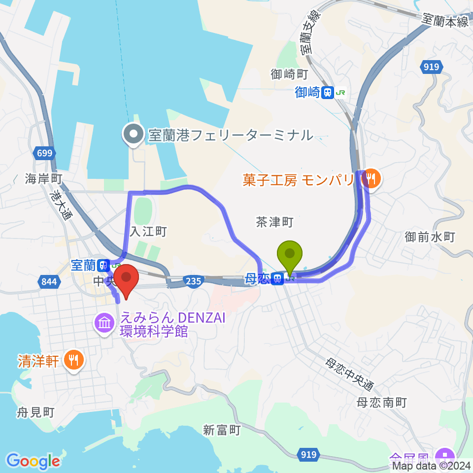 母恋駅からエルム楽器スーパーアークス室蘭中央センターへのルートマップ地図