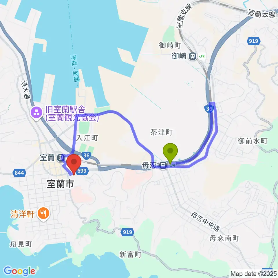 母恋駅からエルム楽器 スーパーアークス室蘭中央センターへのルートマップ地図