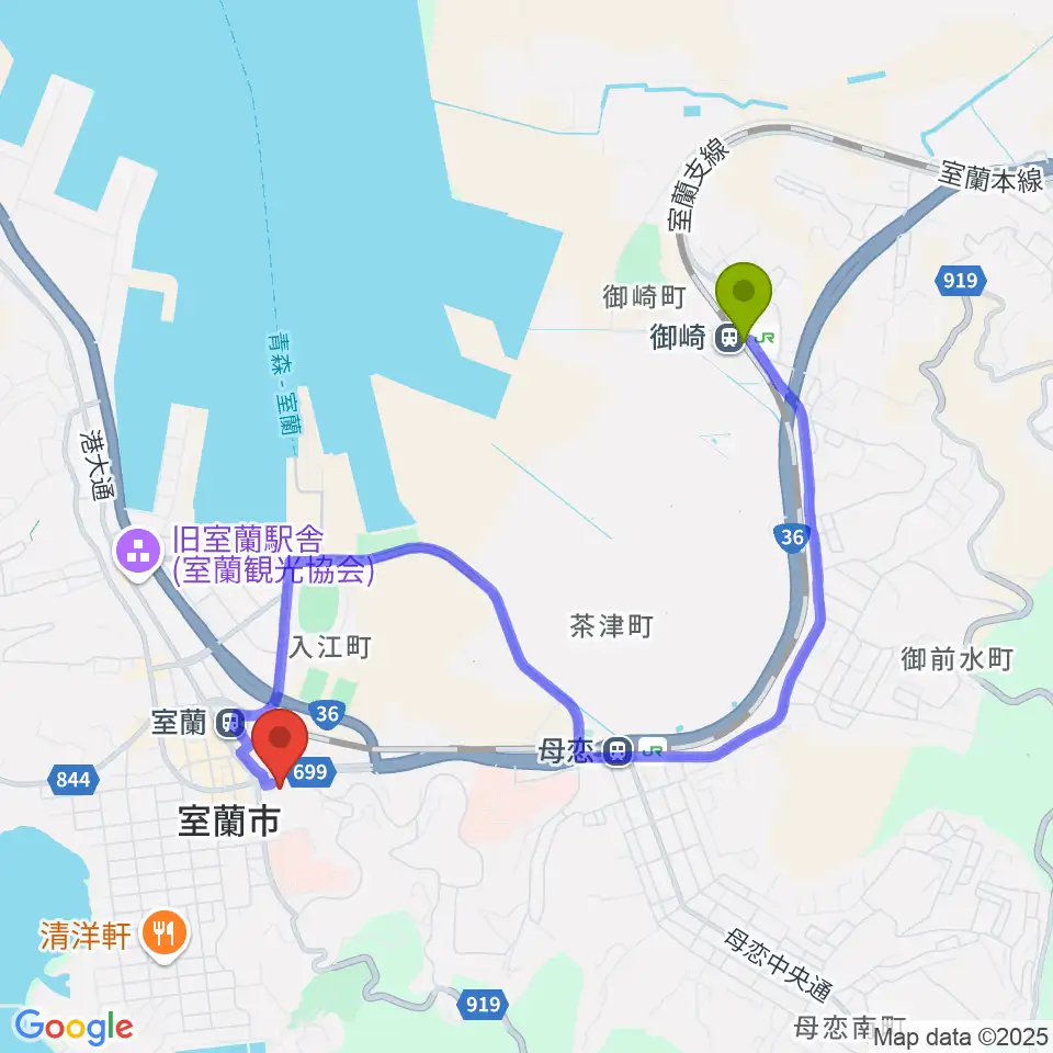 御崎駅からエルム楽器 スーパーアークス室蘭中央センターへのルートマップ地図