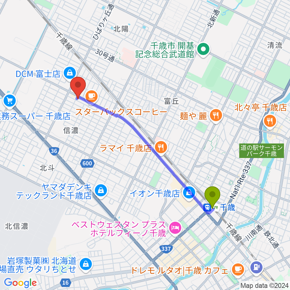 千歳駅からエルム楽器 千歳センターへのルートマップ地図